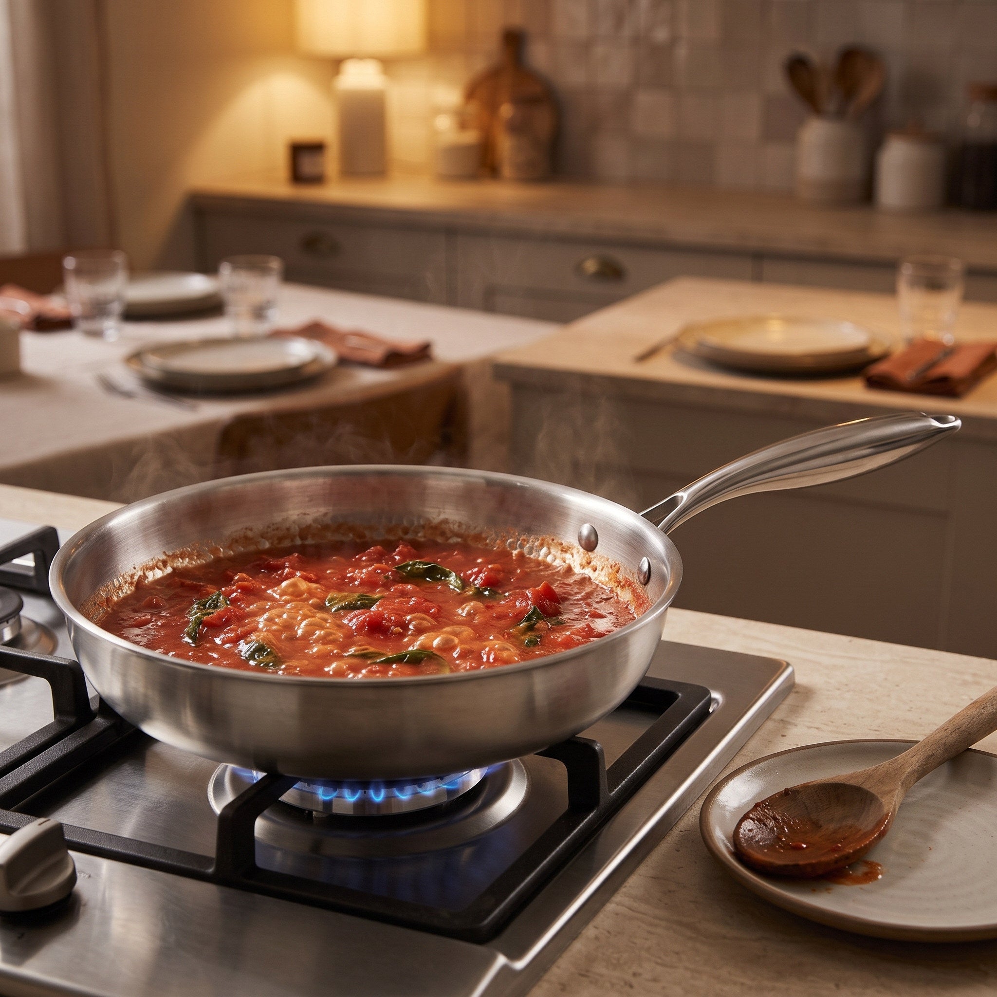 Pan of tomato pasta sauce on a quiet evening stovetop