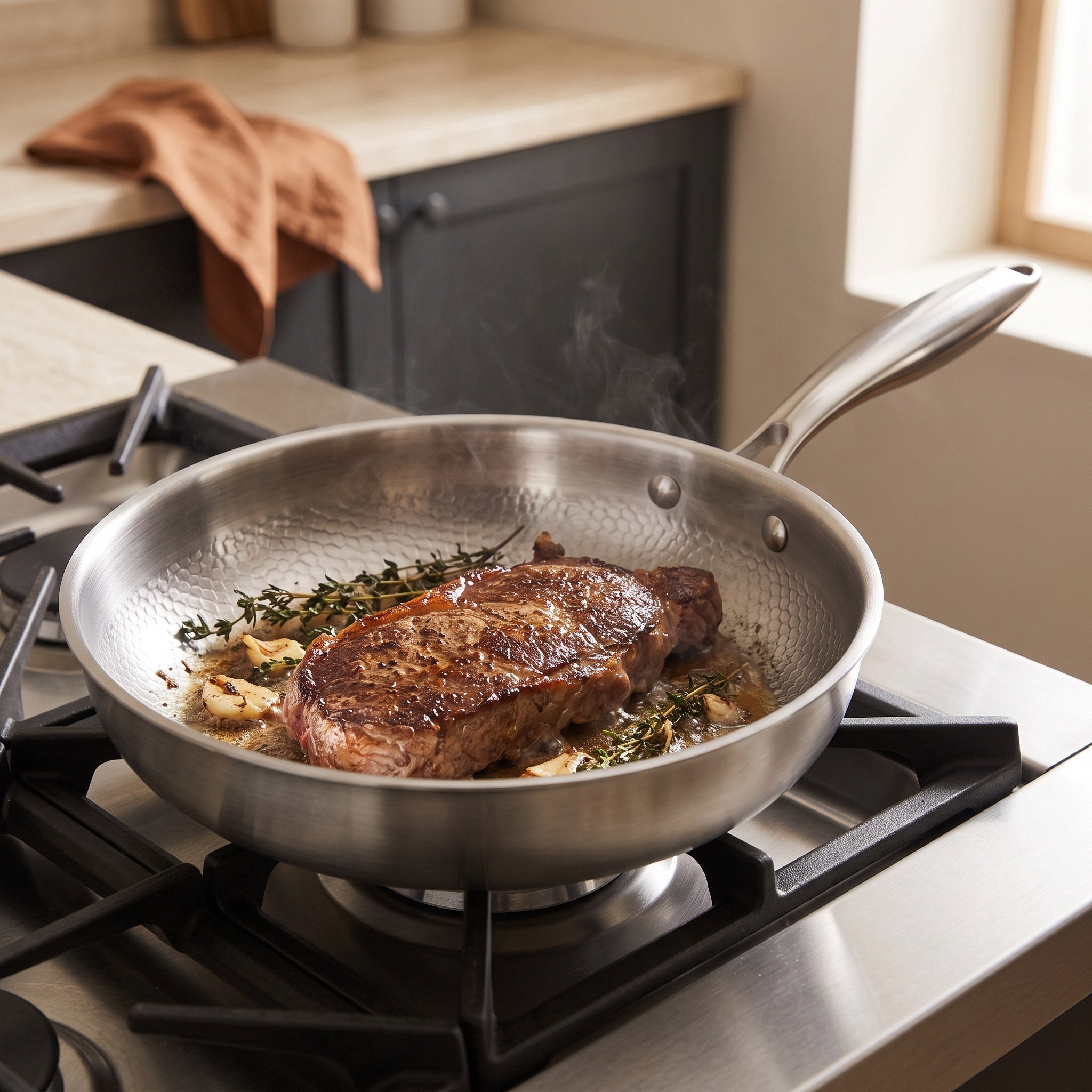 Hammered frying pan with steak and garlic in a warm home kitchen