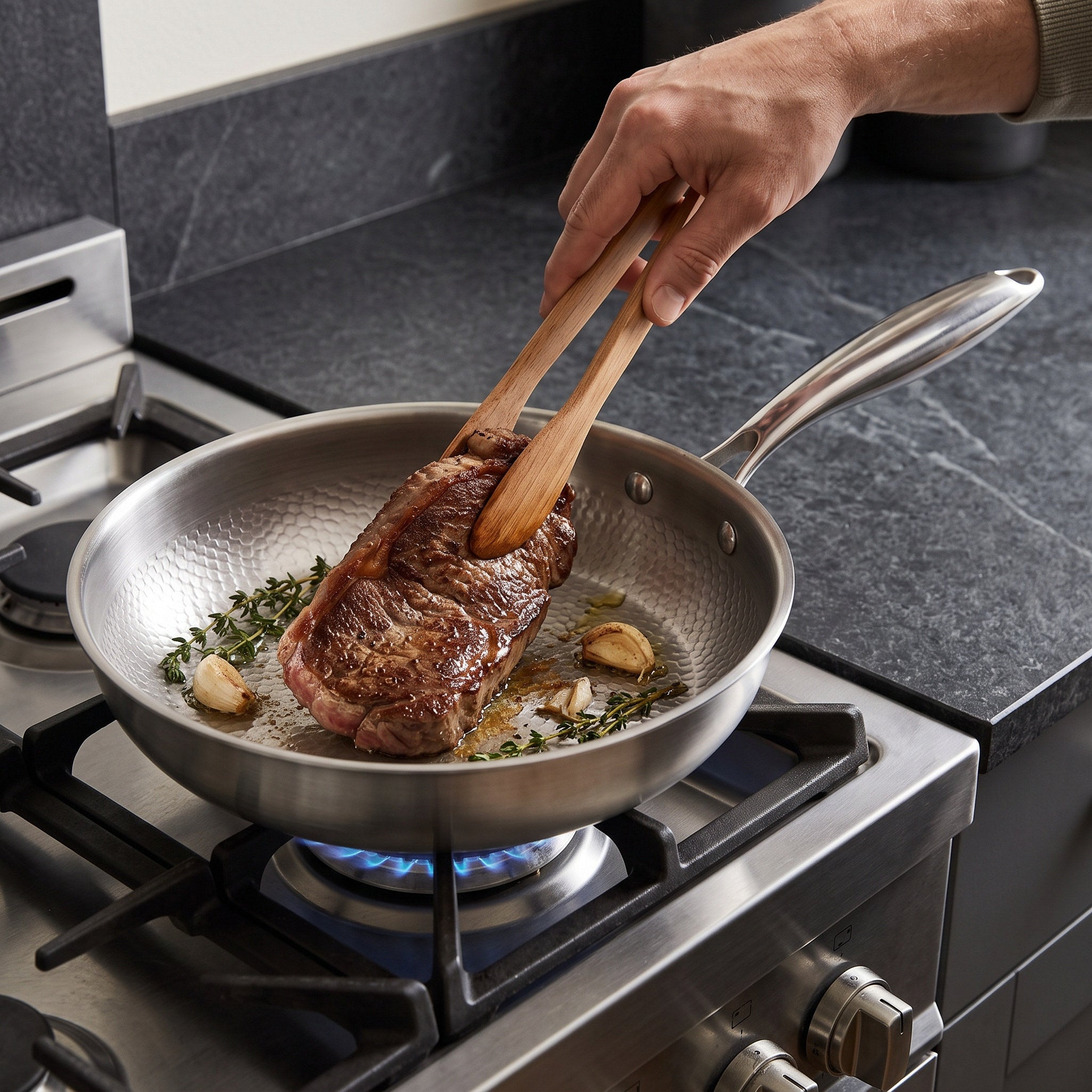 Turning steak in a hammered pan on gas