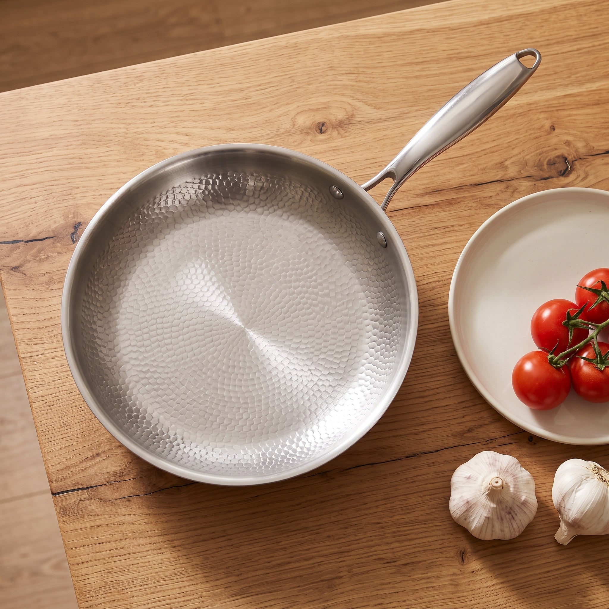 One frying pan with fresh ingredients, no lid included
