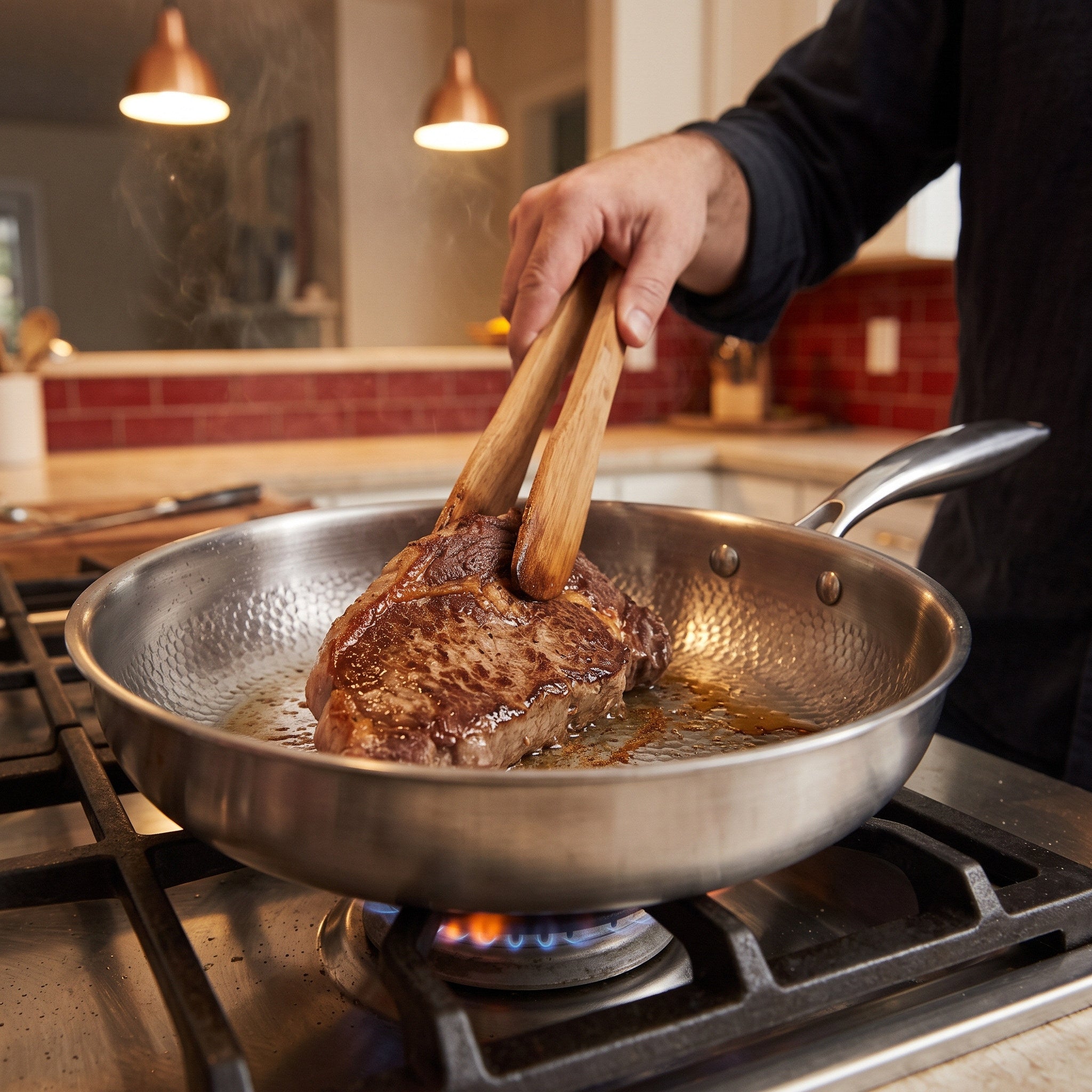 Hand using wooden tongs over steak