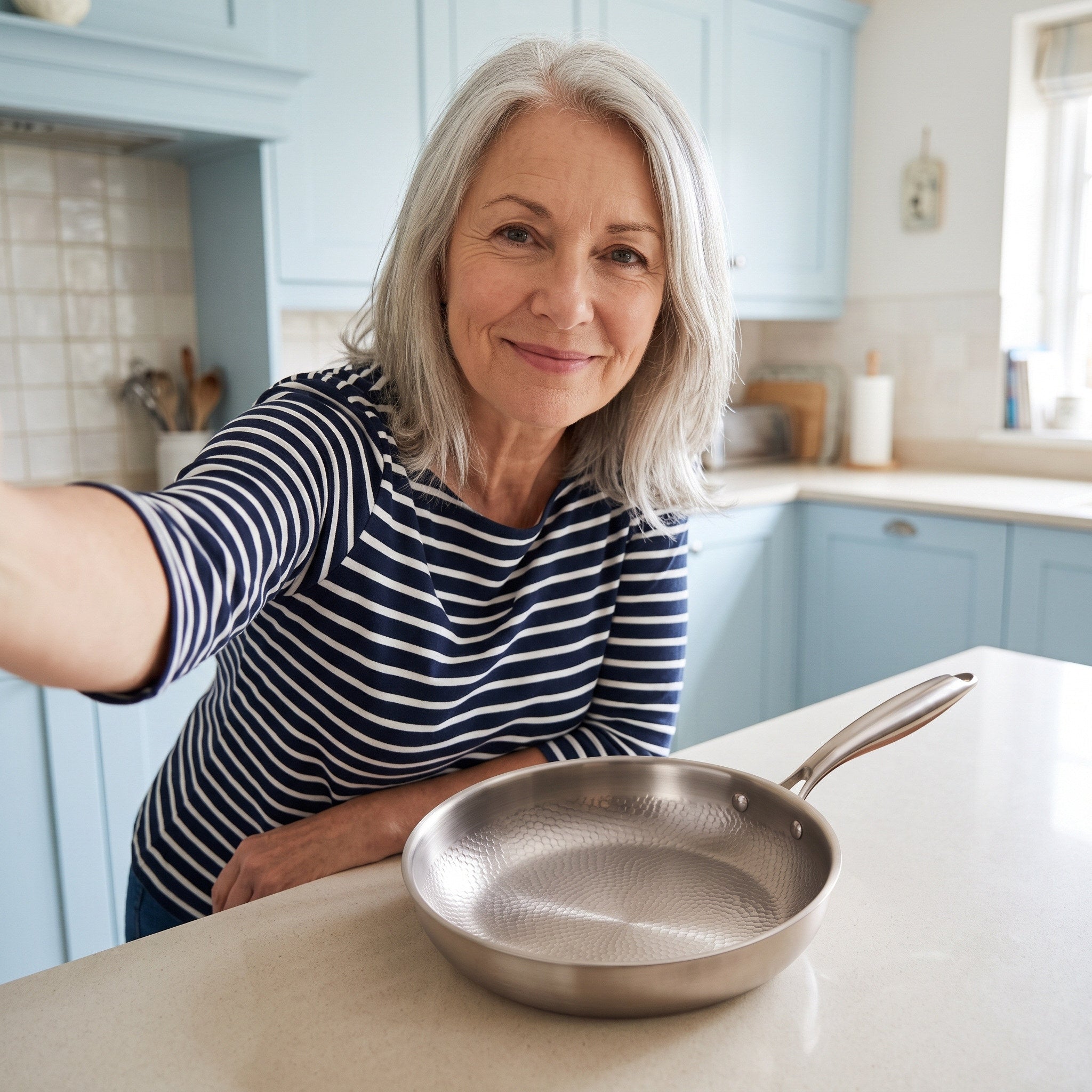 Older owner kitchen selfie