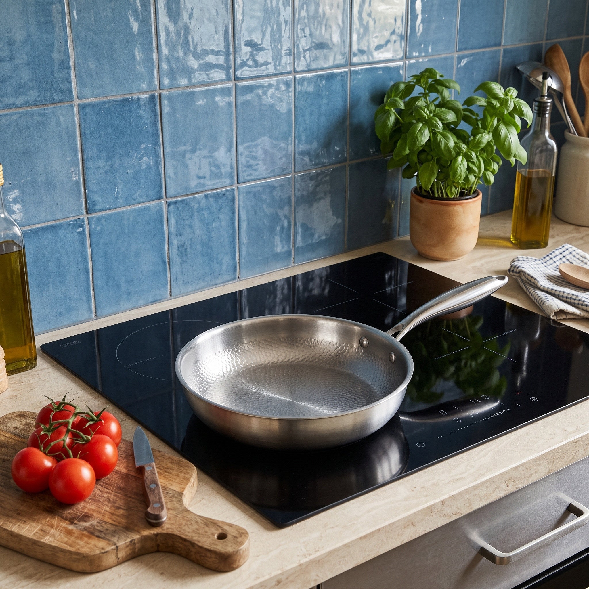 Clean pan beside ingredients in a quiet kitchen