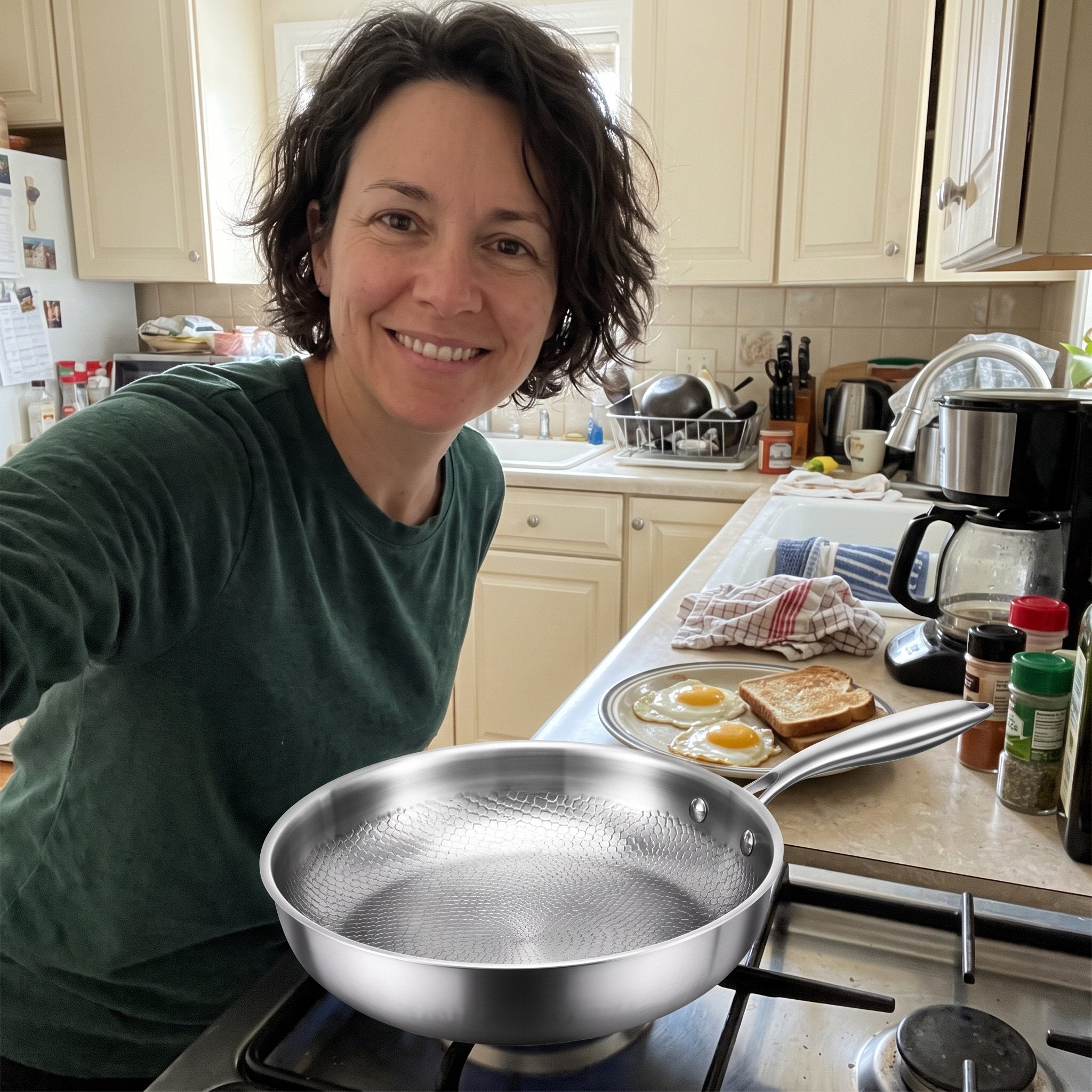 Owner kitchen selfie beside a hammered pan and breakfast
