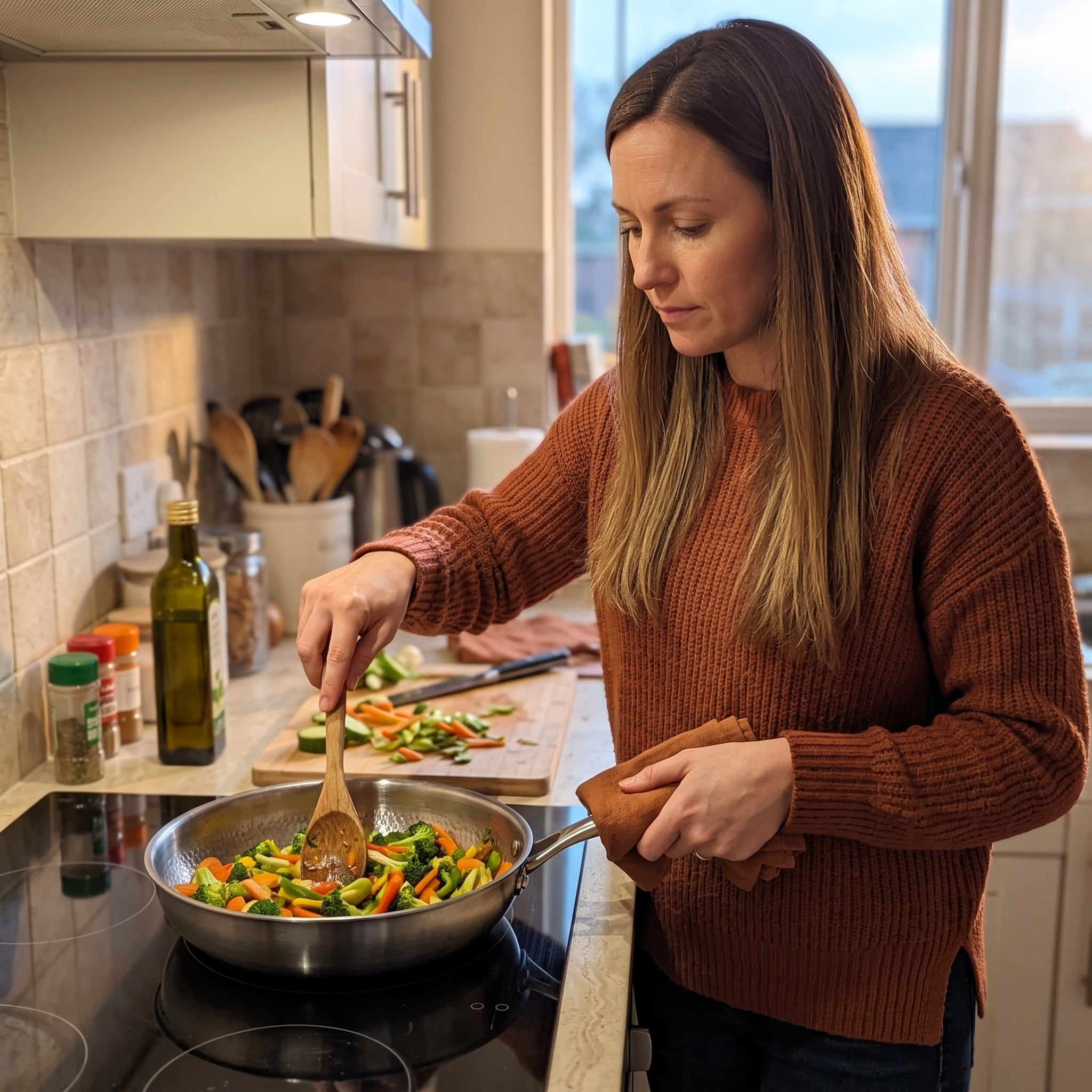 Owner cooking vegetables in a hammered pan after work
