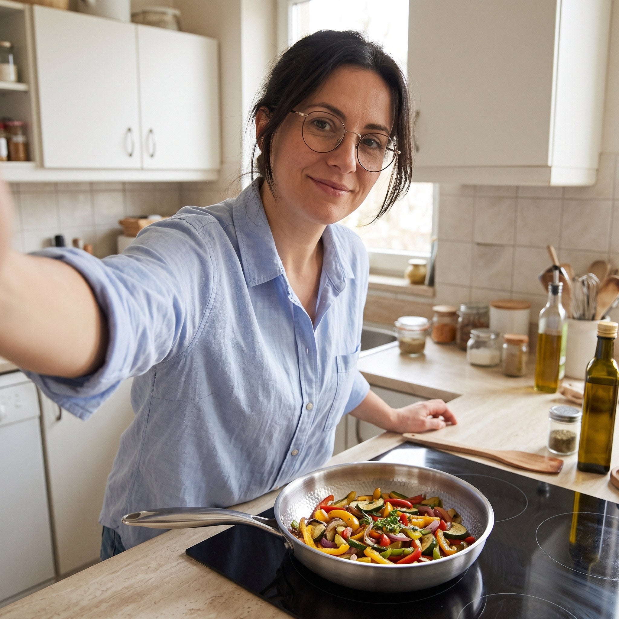 Owner selfie in a kitchen with an induction hob