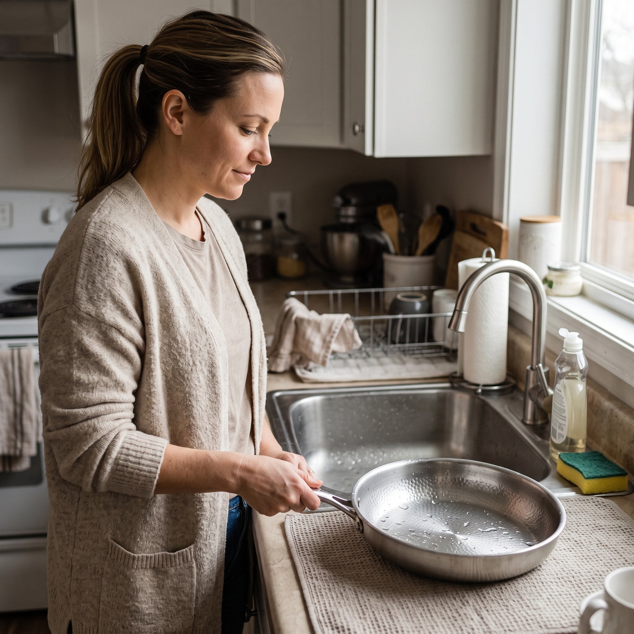 Owner setting a clean pan beside the sink after washing